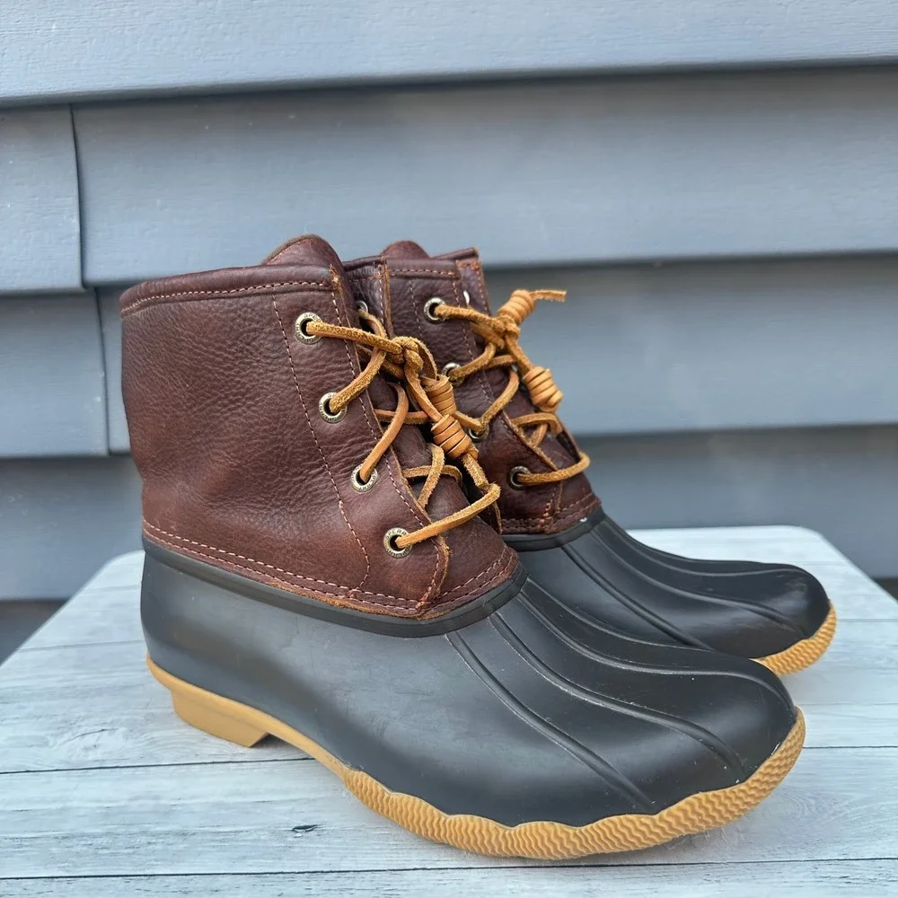 Sperry Women's Saltwater Duck Boots Brown Leather Black Waterproof Size 7